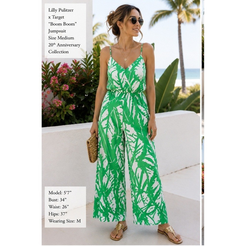 Lilly Pulitzer Jumpsuit Womens Medium Tropical Palm Print Green Wide Leg Resort